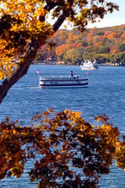 Fall brings crisp days and radiant foliage to Geneva Lake, Wisconsin, 80 miles northwest of Chicago's Loop. Midwest Fall, Lake Geneva Wisconsin, Hocking Hills State Park, Cuyahoga Valley National Park, Custer State Park, Fall Vacations, Fall Getaways, Midwest Travel, Wisconsin Travel