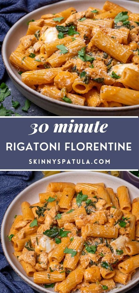 Florentine Pasta Recipes, Rigatoni Recipes Healthy, Healthy Rigatoni Pasta Recipes, Rigatoni With Chicken, Rigatoni Florentine Recipe, Italian Chicken And Pasta Recipes, Italian Pasta With Chicken, Pennoni Recipes, Rose Chicken Pasta