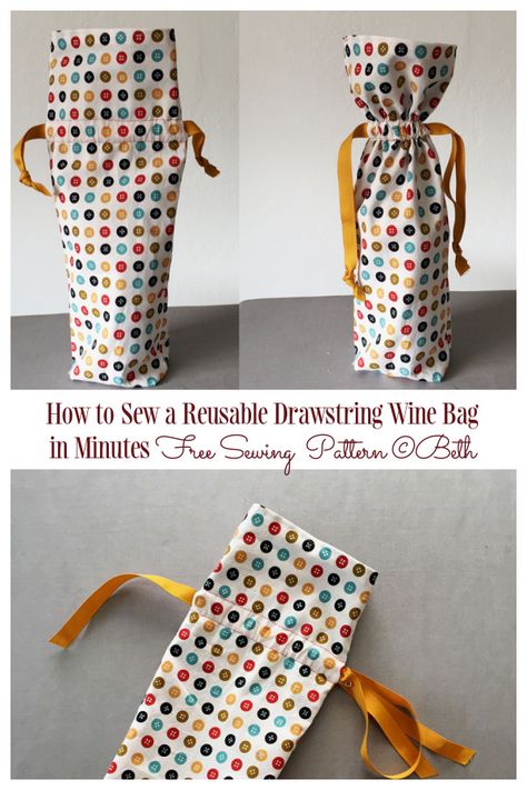 DIY Fabric Wine Bottle Gift Bag Free Sewing Patterns | Fabric Art DIY Sewn Wine Bottle Bags, Christmas Bottle Bags To Sew, Sewn Christmas Gift Bags, Diy Sew Wine Bottle Bag, Wine Bottle Sewing Pattern, Wine Bottle Cozies, Wine Toppers Diy, How To Sew A Wine Bottle Bag, Wine Gift Bag Sewing Pattern