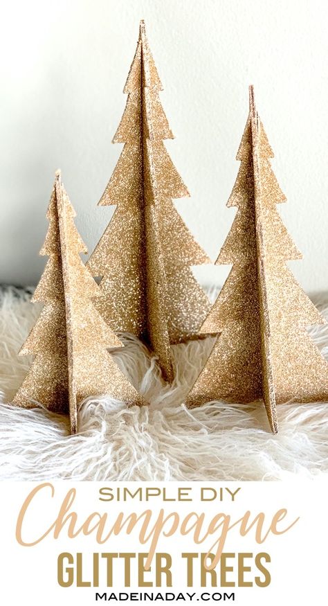 Diy Gold Christmas Tree, Gold Cone Tree, Silver And Gold Christmas Decor Diy, Champagne Gold Christmas Decor, Diy White And Gold Christmas Decor, Glitter Christmas Decor, Rose Gold Christmas Decorations Diy, Diy Gold Christmas Decorations, Gold Christmas Decorations Diy