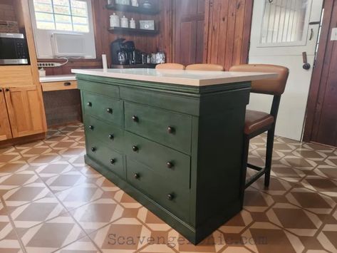 Dressers Into Kitchen Islands, Kitchen Island Dresser Diy, Dresser Made Into Kitchen Island, Dresser To Island Kitchen, Dresser As Kitchen Island, Upcycled Kitchens, Kitchen Island Made From Dresser, Diy Kitchen Island From Cabinets, Dresser In Kitchen