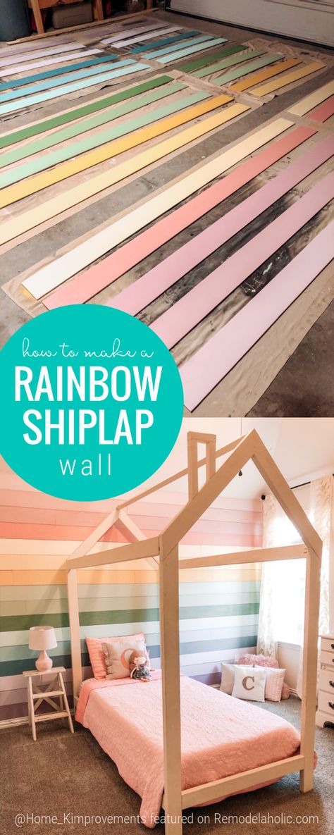 Ombre Shiplap Wall Nursery, Daughter Room Accent Wall, Rainbow Feature Wall Bedroom, Farmhouse Rainbow Bedroom, Rainbow Panel Wall, Rainbow Board And Batten, Shiplap Rainbow Wall, Rainbow Accent Wall Paint, Rainbow Toddler Room Girls Bedroom