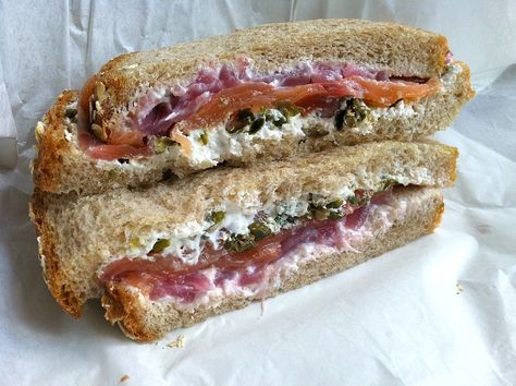 Cream cheese, smoked salmon, capers, and pickled red onions are all you need for this lox and cream sandwich. Put it in between wheat bread instead of a bagel to make it appropriate for lunch.  Image Source: POPSUGAR Photography / Nancy Einhart Cheese And Pickle Sandwich, Salmon Capers, Pickle Appetizers, Cream Cheese Sandwiches, Picnic Sandwiches, Salmon Sandwich, Katy Trail, Road Trip Food, Sandwich Ideas