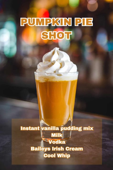 A spiced Pumpkin Pie Shot garnished with cinnamon and whipped cream. Thanksgiving Shot Recipes, Holiday Shot Recipes, Pumpkin Pie Shots, Holiday Shots, Cinnamon Schnapps, Spiced Whipped Cream, Cocktail Shots, Shots Alcohol, Pie Flavors