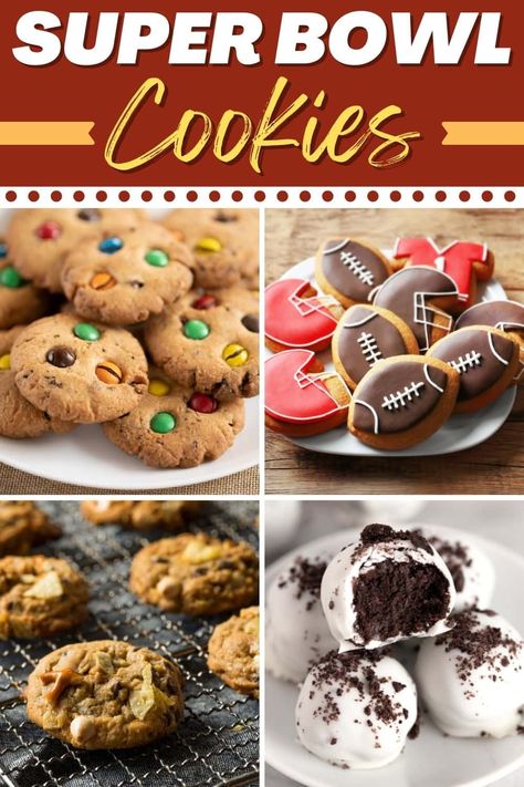 These Super Bowl cookies are perfect for game day! From chocolate chip to football cookie cups to peanut butter, no party is complete without these sweets. Cookies For Super Bowl, Superbowl Cookies, Cookie Butter Bars, Football Sugar Cookies, Heath Bar Cookies, Super Bowl Cookies, Oreo Cookie Balls, Chocolate Whoopie Pies, Football Cookies