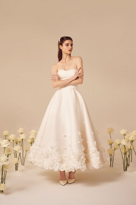 Look 19 — Nicole + Felicia Couture Nicole Felicia Couture, Nicole Felicia, Rosette Dress, Minimal Wedding Dress, Midi Wedding Dress, Civil Wedding Dresses, Couture Bridal Gowns, Silk Wedding Dress, Dream Wedding Ideas Dresses