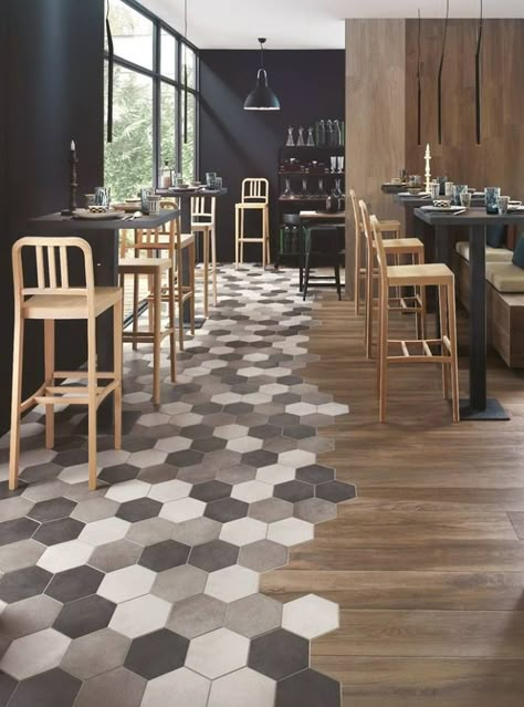 Very creative design to transition from tile to wood floor!! Something like this, different times most likely.... But how to make it level and without a transition strip? Tile To Wood Transition, Transition Flooring, Hexagon Floor, Restaurant Flooring, Wood Tile Floors, Floor Ideas, Restaurant Ideas, Restaurant Interior Design, Flooring Ideas