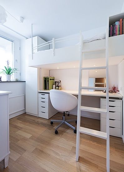 tiny room Loft Beds For Small Rooms Teenagers Hanging, Loft Beds For Teens, Girls Loft Bed, Loft Beds For Small Rooms, White Loft Bed, Beds For Small Rooms, Diy Loft Bed, Bedroom Decor For Small Rooms, Tiny Room