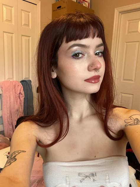 mermaid core girl takes a selfie with baby bangs/ micro bangs with light sparkly mermaid makeup Aesthetic Haircut With Bangs, Long Shag Micro Bangs, Orange Hair Micro Bangs, Short Hair For Round Face With Bangs, Ginger Hair Micro Bangs, Very Short Bangs Long Hair, Alternative Hair With Bangs, Wolfcut Micro Bangs, Micro Bangs Medium Hair