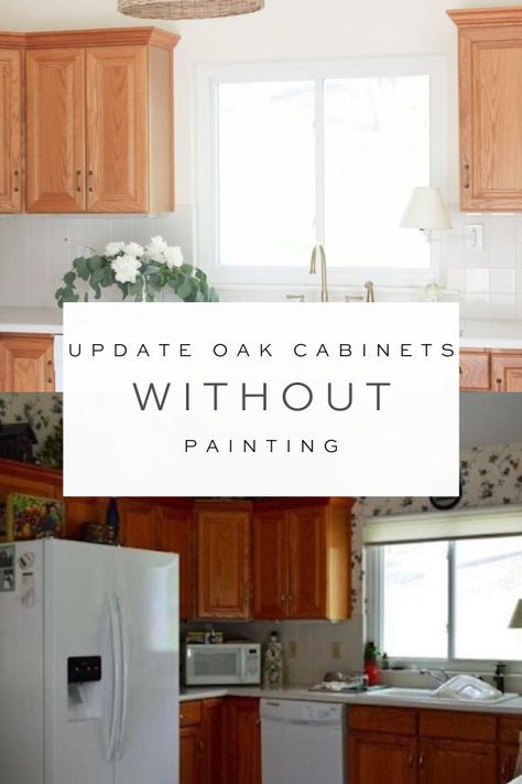 Tips and tricks to update dated oak kitchen cabinets without painting them. Make your oak cabinets feel modern and fresh with these easy DIY ideas. How To Style A Kitchen With Oak Cabinets, Honey Oak Kitchen Lighting, Cabinet Pulls Oak Cabinets, Keep Oak Kitchen Cabinets, Vinyl Plank With Oak Cabinets, Light Oak Cabinets With Gold Hardware, White And Honey Oak Kitchen, 80s Oak Cabinet Makeover, Cabinet Hardware For Oak Cabinets