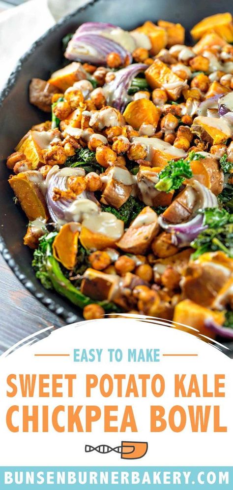 Sweet Potato Kale Chickpea Bowl, Chickpea Kale Sweet Potato, Sweet Potato Kale Quinoa Bowl, Kale And Sweet Potato Bowl, Sweet Potato And Garbanzo Beans, Sweet Potato Chickpea Bowl, Sweet Potato And Kale Recipes, Kale And Sweet Potato Recipes, Kale Buddha Bowl