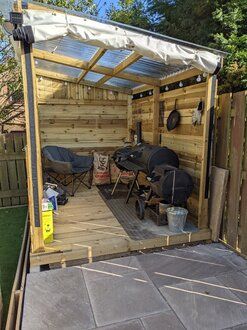 BBQ Shack Complete - Homemade Creations - BBQ'S and BBQ Shacks - WoodSmoke Forum Bbq Pergola, Bbq Shack, Bbq Shed, Corrugated Roofing, Garden Bbq, Catching Fire, Flame Retardant, The Thing, Wood Working