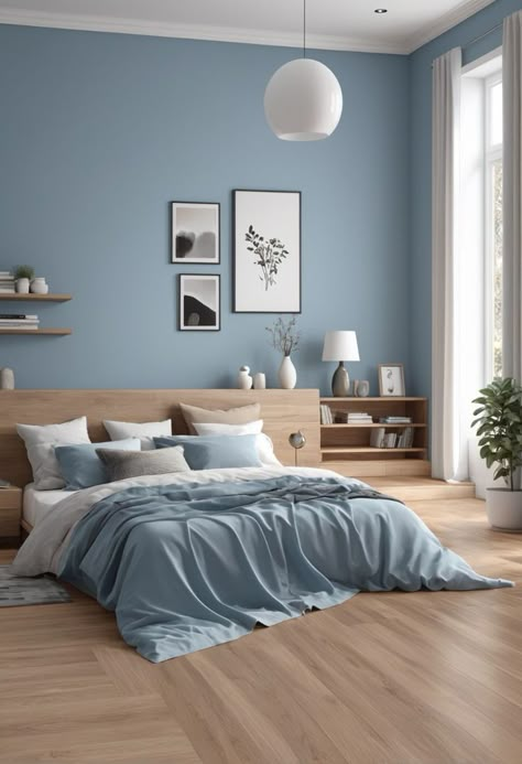 Paint Ideas Bedroom Aesthetic, Aesthetic Paints For Room, Bed Rooms Colour Design Modern, Blue Colour Room Ideas, Aesthetic Colours To Paint Your Room, Bedroom Colour Palette Blue, Light Blue Study Room, Scandi Blue Bedroom, Aesthetic Colour For Bedroom