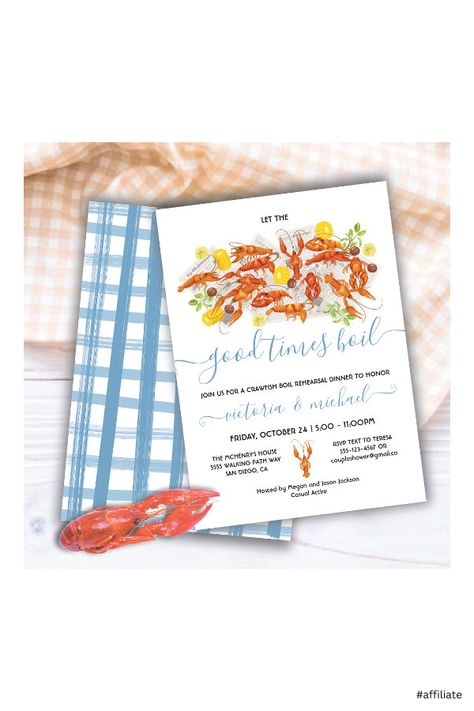 Crawfish Boil Party Decorations, Lobster Bake Party, Rustic Engagement Party, Modern Engagement Party, Crawfish Boil Party, Rehearsal Dinner Party, Lobster Bake, Retro Wedding Invitations, Dinner Party Invitations