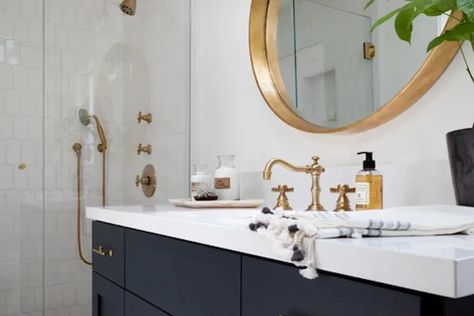 Top 20 Boho Farmhouse Decor Ideas | Farmhouse Decor | Blog Flagwix Bathroom Fixtures Gold, Gold Bathroom Fixtures, Navy Bathroom Decor, Bathroom Counter Decor Ideas, Gold Bathroom Faucet, Navy Bathroom, Yellow Bathroom Decor, Gold Bathroom Decor, Blue Bathroom Vanity