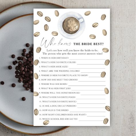 Love is brewing Who knows the bride best Bridal Shower Themes Champagne, Love Is Brewing Bridal Shower Favors, Love Is Brewing Coffee Bridal Shower Ideas, Bridal Shower Decor Simple, Let Love Brew Bridal Shower Theme, Coffee Bridal Shower Theme Decor, Coffee Themed Bachelorette Party, Love Is Brewing Bridal Shower Ideas Food, Bridal Shower Themes Coffee