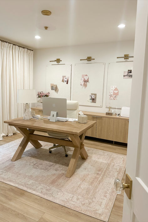 Neutral home office reveal featuring creamy whites, neutral wood tones, and pops of pink! Love the warm vibes in this spacewith the added touch of color  Home office, neutral home office, furniture favorites, aesthetic home, sideboard, vintage inspired area rug, faux linen curtain, found it on Amazon, Becki Owens rug, bulliten board, gold detial, light and bright, lighting details, lamp favorites, acrylic organization, pops of pink, creamy whites, neutral wood tones, aesthetic organization Favorites Aesthetic, Home Office Neutral, Neutral Wood Tones, Acrylic Organization, Neutral Home Office, Ideas Cuarto, Minimalist Home Office, Apartment Vibes, Cozy Office