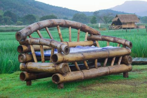 Bamboo Bench On The Lawn Surrounded By Fields. Stock Photo - Image ... Bamboo Ideas, Bamboo Bench, Outdoor Background, Bamboo Furniture Design, Bamboo Sofa, Mai Thai, Bamboo Construction, Fruit Picture, Green Ground