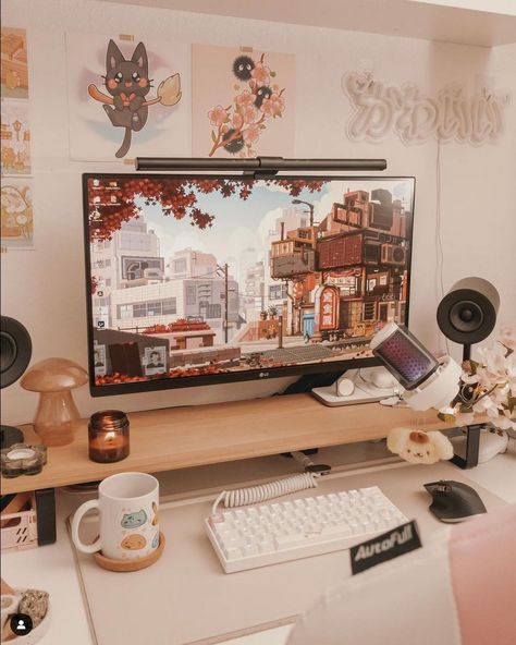 14 Cozy Gamer Girl Desk Setups - TheHomeRoute Gamer Girl Desk, Workspace Setup, Setup Inspiration, Cozy Gamer, Game Setup, Small Computer Desk, Relaxation Station, Girl Desk, Cozy Desk