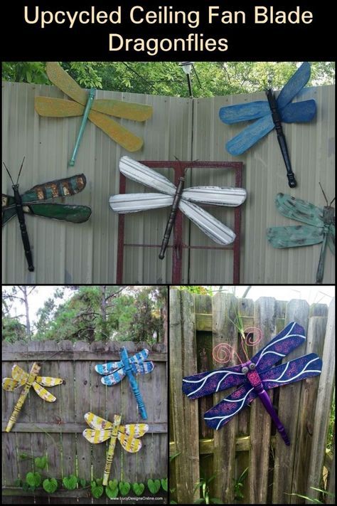 This Upcycled Ceiling Fan Dragonfly in Your Yard is Sure to Make Passers-by Take a Second Look Ceiling Fan Dragonfly, Upcycled Ceiling Fan, Fan Blade Dragonfly, Ceiling Fan Crafts, Fan Blade Art, Dragonfly Yard Art, Ceiling Fan Art, Shabby Chic Diy Projects, Dragon Fly Craft