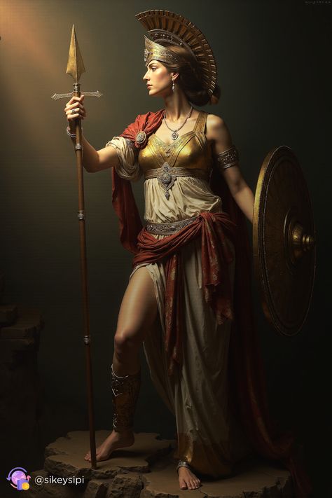 Athena’s presence radiates power as her spear cuts through the air, symbolizing her dominion over both war and intellect. The owl-adorned armor echoes her wisdom, while her fierce gaze promises victory. Embrace Athena’s duality of power and wisdom! #AthenaAscendant #BattleAndWisdom #GoddessOfVictory #MythicalWarrior Greek Armor Female, Athena Goddess Aesthetic, Athena Karkanis, Greek Goddess Athena, Athena Owl, Goddess Aesthetic, Roman Gods, Angel Sculpture, Greek Tattoos