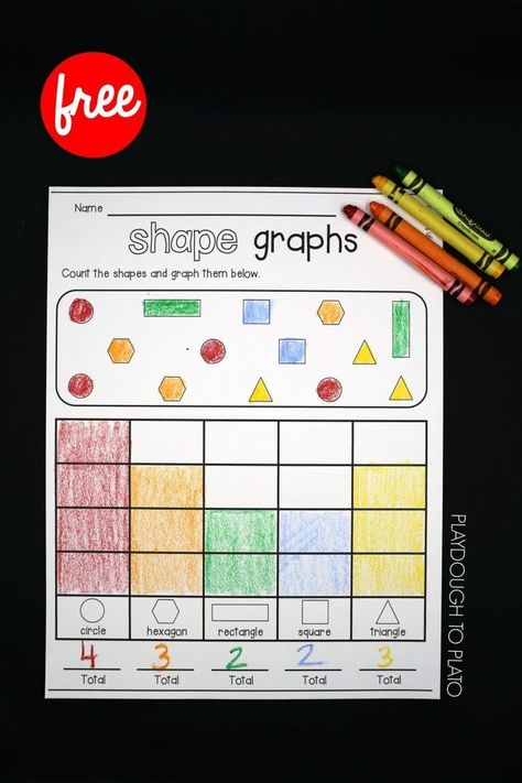 Free Shape Graphs! A fun way work on graphs, shapes counting and recognition with kindergarten and pre-k kids! #kindergarten #shapegames #mathfreebies #playdoughtoplato Kindergarten Graphing, Data Activities, Kindergarten Shapes, Free Math Centers, 2d Shapes Activities, Preschool Shapes, Math Shapes, Shapes Worksheet Kindergarten, Kindergarten Math Centers