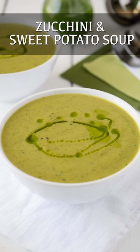 Thick and creamy, yet dairy free and vegan. Zucchini and Sweet Potato Soup is a nutritious meal ready in 20 minutes that comes with an optional garnish of basil oil. #zucchinsoup #vegetablesoup #dairyfreesoup #vegansoup Recipes With Zucchini, Vegan Mushroom Soup, Sweet Potato Soup Recipes, Dairy Free Soup, Zucchini Soup, Basil Oil, Vegan Zucchini, Sweet Potato Soup, Grain Free Recipes