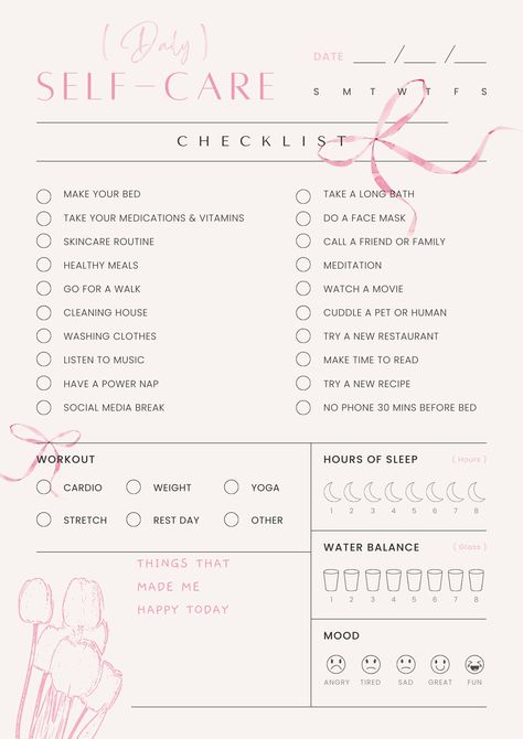 In this daily self-care checklist, you can check off daily tasks like making your bed. Note down the date of the day, hours of sleep, water balance, workout for the day, and your mood! 🩰💌 Day Checklist, Self Help Checklist, Self Care Notes Ideas, Clean Day Routine, Self Care Checklist Aesthetic, Care Tasks, Self Care Day Checklist, Workout Checklist, Self Care Moodboard