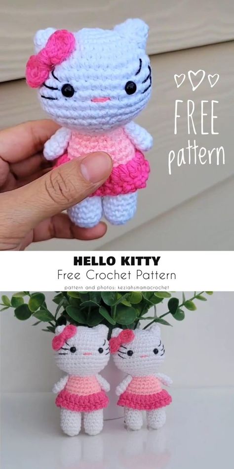 Amigurumi Kitten Free Crochet Patterns - Your Crochet Amigurumi Kitten, Hello Kitty Crochet, Crochet Toys Free Patterns, Hello Kitty Keychain, Crochet Doll Dress, Crochet Cat Pattern, Crochet Disney, Valentines Crochet, Crochet Design Pattern