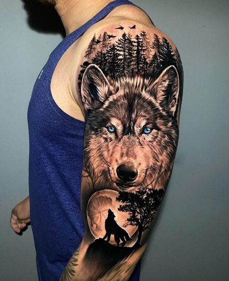 Wolf On Shoulder Tattoo, Half Sleeve Tattoos Wolf, Wolf Face Tattoo, Upper Shoulder Tattoo, Wolf Tattoo Forearm, Forearm Cover Up Tattoos, Wolf Sleeve, Tattoo Ideas Males, Sleeve Tattoos For Men