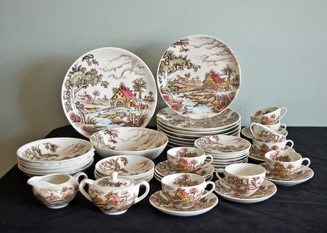 Japan China, Old Mill Scene 46pc Dinnerware Set, Country River Scene, Serving Pieces, 1965 Planters Ceramic, Brown Dinnerware, Kitchen Industrial, Pottery Dinnerware, Fine Dinnerware, Red Wing Pottery, China Teapot, Perfect Wife, Pottery Dishes