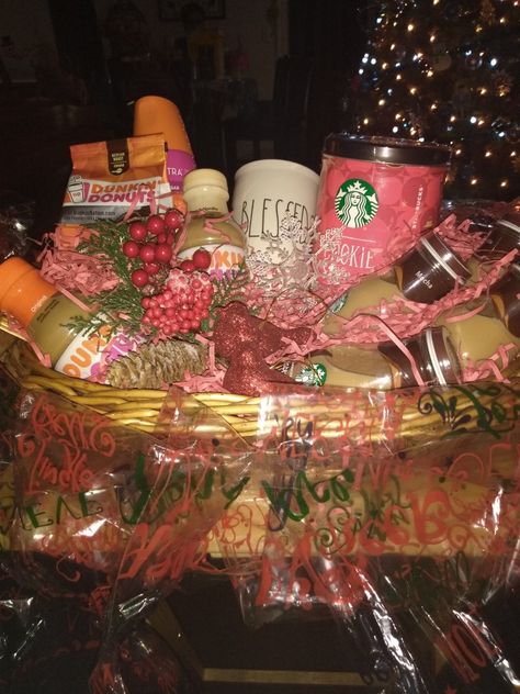 Dunkin Gift Basket, Dunkin Donuts Gift Basket, Donut Gift Basket, Cookie Straws, Survival Basket, French Vanilla Iced Coffee, Mocha Iced Coffee, Starbucks Mocha, Vanilla Iced Coffee