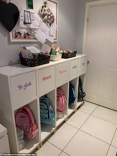 Super organised IKEA mum shares her family's genius 'locker zone' | Daily Mail Online Ikea School Bag Storage, Kids Coat Storage, Large Family Home Organization, Kids Lockers For Home, Kids Cubby Storage Ideas, Bookbag Storage At Home, Backpack Organization At Home, Backpack Cabinet, Hall Organisation