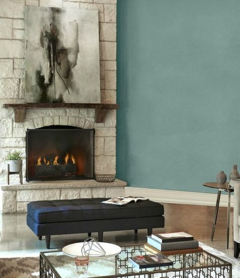 Behr In the Moment in a living room with stone fireplace. Photo via Behr. Info Kylie M Interiors paint colour decor blog Behr Paint Living Room, In The Moment Behr, Living Room With Stone Fireplace, Stone Fireplace Living Room, Paint Living Room, Fireplace Photo, Kylie M Interiors, Colour Decor, Mantle Fireplace