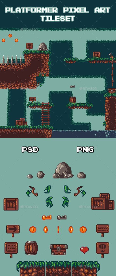 Pixel Art Platformer Tiles, Pixel Side Scroller, 2d Platformer Tileset, Pixel Art Side Scroller, Platformer Level Design, Pixel Game Background, Tileset Pixel Art, Pixel Art Platformer, Pixel Art Tileset