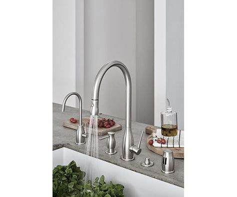 Where to place faucet, hot water, soap, air switch, air gap Kitchen Sink Faucet Placement, Filtered Water Dispenser, Sink Soap Dispenser, Filtered Water Faucet, Sink Water Filter, Hot Water Dispensers, Water Spout, Over Sink, Kitchen Soap Dispenser