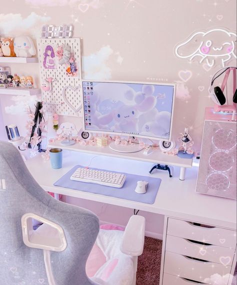 Kawaii Gaming Setup, Small Game Rooms, Gaming Setup Ideas, Dream Setup, Gaming Rooms, Cozy Desk, Gamer Setup, Video Game Room Design, Desk Inspiration