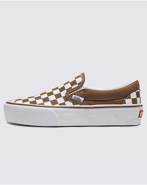 Classic Slip-On Platform Shoe Vans Platform Checkerboard, Vans Shoes Platform, Vans For Women Shoes, Brown Checkered Vans, Fall Women Shoes, 2024 Fall Shoes, Cute Brown Shoes, Vans Platform Slip On, Vans Old Skool Women