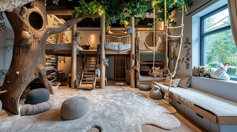 21 Luxury Playroom Ideas to Spark Imagination - Oh La De Tree House Bedroom For Boys, Bedroom Jungle Gym, Indoor Tree House Kids, Cool Kids Playroom Ideas, Basement Treehouse, Dream Playroom Kids, Indoor Play Fort, Garage Kids Playroom, Kids Clubhouse Ideas