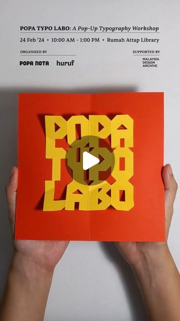 popa nota on Instagram: "POPA TYPO LABO is a pop-up typography workshop that will serve as an introduction to three-dimensional typography and pop-up techniques. Learn the basic techniques of pop-ups and apply them to the creation of dimensional typographic designs! Participants will be able to take home a pop-up zine containing the ABCDs of paper engineering and a personalised pop-up card. Date: 24 February 2024 (Saturday) Time: 10am – 1pm Venue: Rumah Attap Library, Zhongshan Building Registration Fee: RM180 (Professional), RM120 (Student) Limited seats are available. Registration link in bio! https://forms.gle/bXvYxArvA7AoemVy7 Organised by @popa.nota and @huruf.my with support from @designarchive" Dimensional Typography, Letter Addressing, Library Organization, Paper Engineering, Pop Ups, A Level Art, Typographic Design, Pop Up Cards, School Design