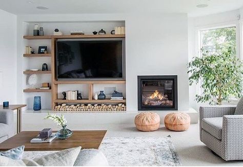 Small Fireplace Television Wall Design Inspiration Asymmetrical Fireplaces, Tv Lounge Design, Television Wall, Contemporary Family Room, Lounge Interiors, Fireplace Tv Wall, Tv Wand, Small Fireplace, Tv Wall Design