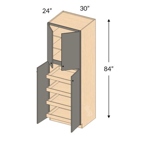 30" wide, 84" high, 24" deep (2 shelves) Custom Pantry Ideas Cabinets, Stacked Wall Cabinets Pantry, Kitchen Pantry Cabinets Free Standing, Pantry Design Cabinets, Tall Kitchen Cabinets Ideas, Pantry Cabinets In Kitchen, Wall Pantry Cabinets, Built In Pantry Cabinet, Built In Pantry Cabinet Wall