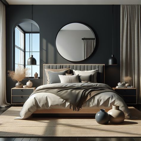 Snug bedroom with dark, Industrial vibe. King-sized platform bed with padded headboard, neutral pillows, and woven throw blanket. Circular mirror on dark grey wall, bedside chest with ceramic pots. Contemporary black lamp, floor-to-ceiling windows with white curtains, delicate plants in vases, jute rug in Slate and navy tones. Warm, welcoming atmosphere. Black Wall Grey Headboard, Grey Wall With Curtains, Industrial Chic Bedroom, Plants In Vases, Bedroom Industrial Chic, Dark Industrial, Bedroom Inspiration Cozy, Light Oak Floors, Bedroom Vibes