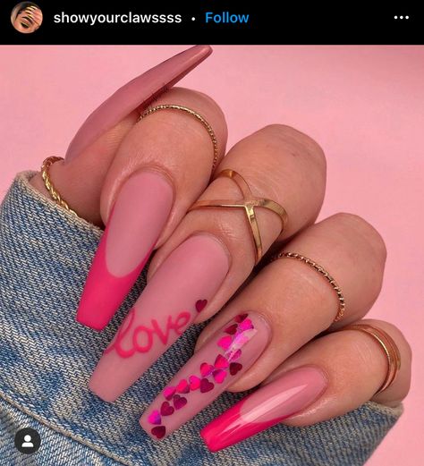 Vday Nails, Valentine Nail Art, February Nails, Nail Designs Valentines, Long Acrylic Nails Coffin, Nail Swag, Pink Nail, Pink Acrylic Nails, Coffin Nails Designs