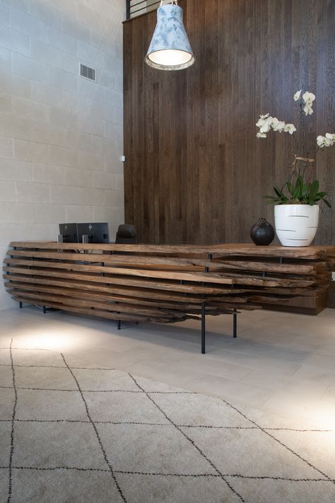 Sinker Cypress Lobby Desk made from a single sinker cypress log - the tree is estimated over 1000 years old based on the rings Reception Desk Furniture, Modern Rustic Reception, Live Edge Reception Desk, Live Edge Office, Hotel Reception Design, Lobby Desk, Lobby Desks, Sinker Cypress, Tree Desk