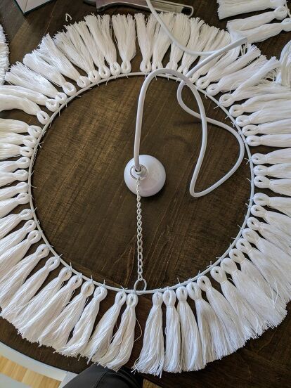 How to Make a $250 Anthropologie Tassel Chandelier for Only $31! | Hometalk Boho Shabby Chic Decor, Tassel Chandelier, Drum Shade Chandelier, Pendant Light Cord, Jar Chandelier, Mason Jar Chandelier, How To Make Tassels, Diy Lampe, Embroidery Hoop Wall