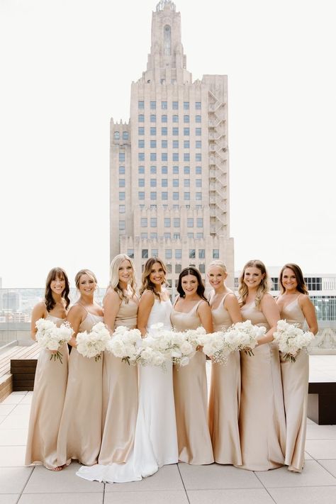 Silver Champagne Bridesmaid Dresses, Champagne Color Aesthetic Wedding, Gold And White Bridesmaid Dresses, Birdy Grey Bridesmaid Champagne, Light Gold Dress Bridesmaid, Bridemades Dresses Champagne, Winter Wedding Champagne Bridesmaids, Cream Coloured Bridesmaid Dresses, Flowers With Champagne Dress