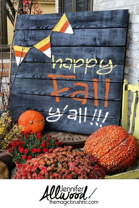 happy fall y'all !!! themagicbrushinc.com #pumpkin #pumpkineverything #fall #falldecor #homedecor #glitter #diy #diyhomedecor #howto Fall Pallet Signs, Fall Pallets, Pallet Signs Diy, Pallet Project, Easy Halloween Crafts, Fall Decorations Porch, Halloween Diy Crafts, Fall Projects, Happy Fall Y'all