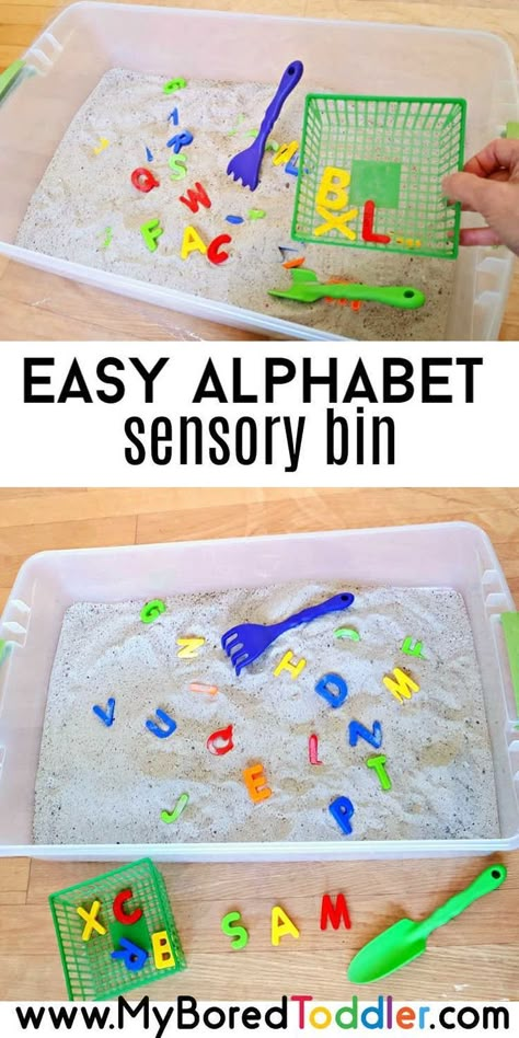 Alphabet sensory bin for toddlers and preschoolers Letter S Sensory Bin, Letter A Sensory Bin, Alphabet Sensory Bin, Sensory Bin For Toddlers, Toddler Sensory Bins, Preschool Sensory, Sensory Bin Ideas, Easy Toddler Activities, Sensory Activities Toddlers