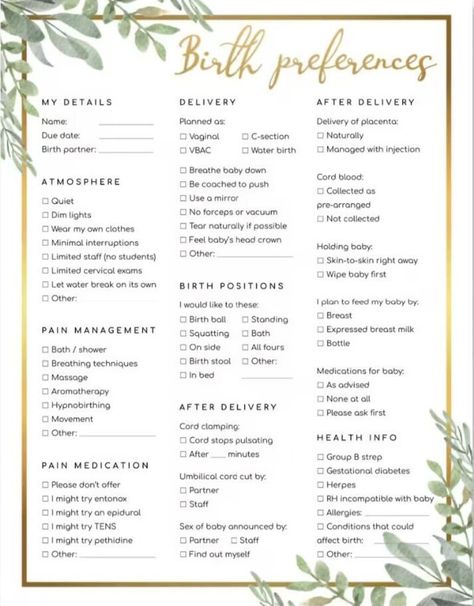 This editable birth plan helps communicate your birth preferences to your doctor or midwife. The printable birth plan is brief but comprehensive, so that the medical staff is able to read it quickly. ⋒ ⋒ ⋒ ⋒ ⋒ 1  page birth plan is  included, so that you can pick your favorite. ⋒ ⋒ ⋒ ⋒ ⋒ You can print the birth plan as is and fill it out by hand. There is also a template version included, which is editable in Google Slides (except for the illustrations and gold text). Birth Preferences, Birth Plan Template Printables Free, Birthing Plan, Birth Plan Printable, Birth Plan Checklist, Natural Birthing Plan, Pregnancy Meal Plan, Birth Partner, Birth Plan Template